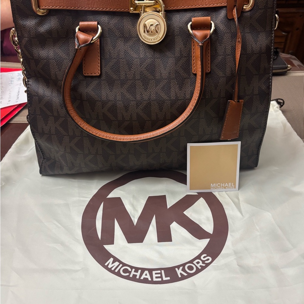 Michael Kors Brown Logo Satchel with Tan Trim